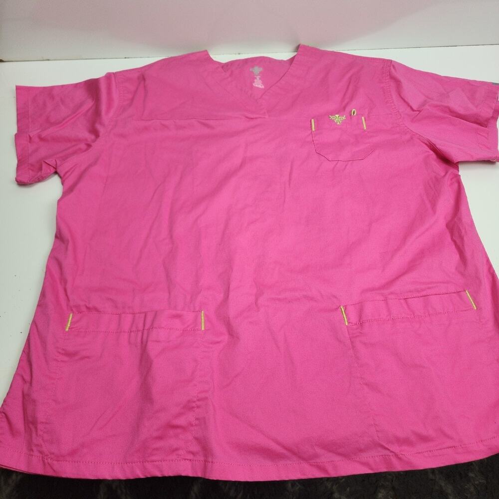 Tied Couture Pink & Neon Green V-Neck Short Sleeve Scrubs Top Women's Size 2XL